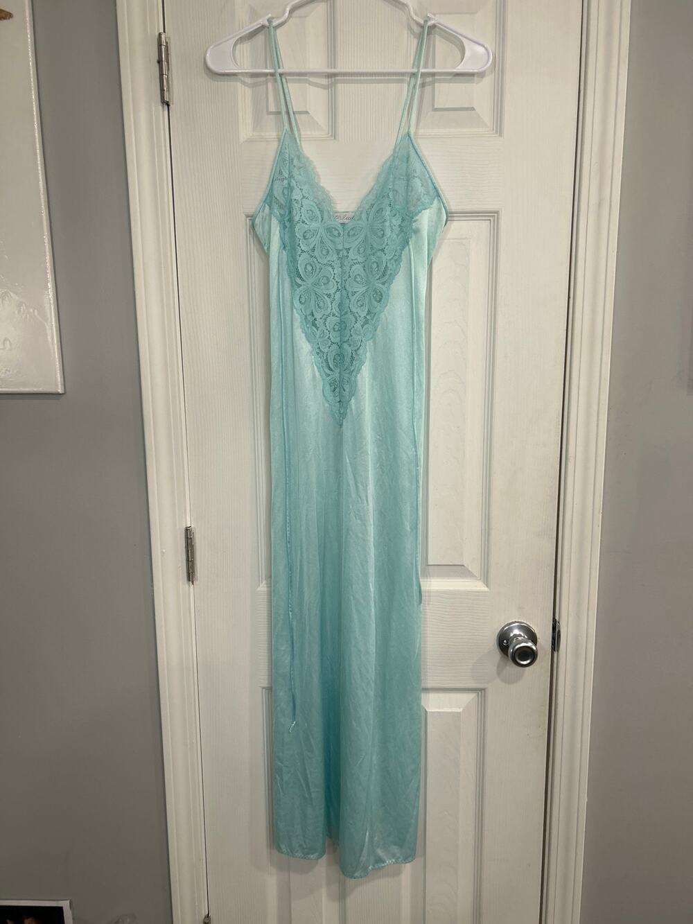 Vtg Interludes by Cira Slip Dress Nightgown Mint Green Lace Size P Union Made